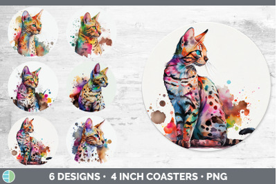 Rainbow Savannah Cat Round Coaster | Sublimation Designs Bundle