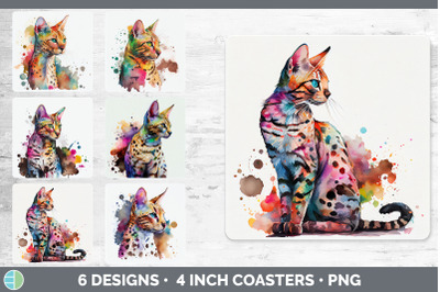 Rainbow Savannah Cat Square Coaster | Sublimation Designs Bundle