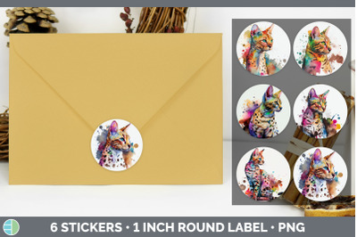 Rainbow Savannah Cat Stickers | Sticker 1in Round Labels PNG Designs