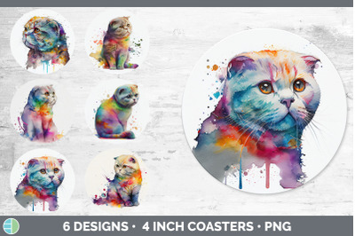 Rainbow Scottish Fold Cat Round Coaster | Sublimation Designs Bundle