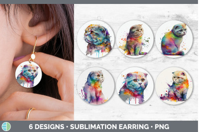 Rainbow Scottish Fold Cat Round Earring | Sublimation Designs Bundle