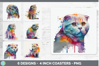 Rainbow Scottish Fold Cat Square Coaster | Sublimation Designs Bundle