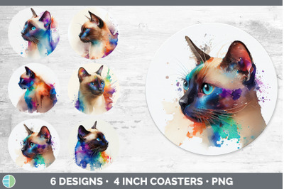 Rainbow Siamese Cat Round Coaster | Sublimation Designs Bundle