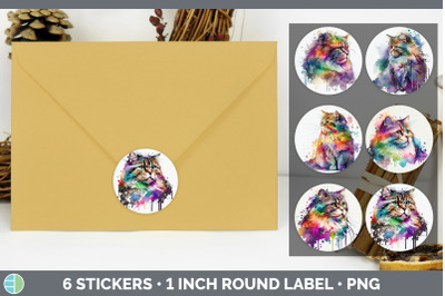 Rainbow Siberian Cat Stickers | Sticker 1in Round Labels PNG Designs