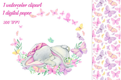 Watercolor set, clipart and digital paper, pink, purple, for girls. Cu