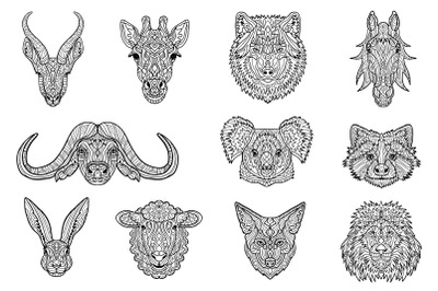 Set of animals. Coloring page for adults