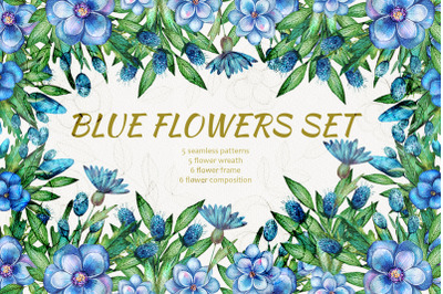 Blue Flower Watercolor Clipart Set