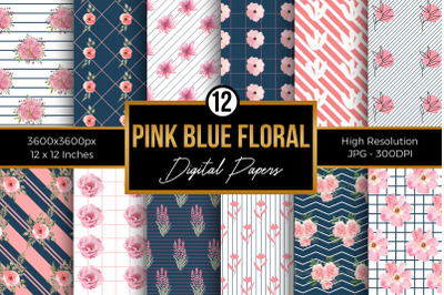 Pink Blue Floral Digital Papers