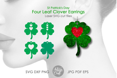 Four Leaf Clover Earrings SVG, St Patrick&#039;s Day Earrings