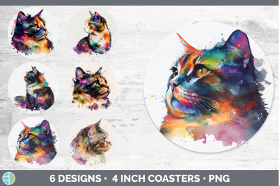 Rainbow Tortoiseshell Cat Round Coaster | Sublimation Designs Bundle