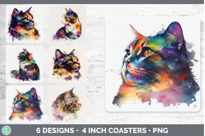 Rainbow Tortoiseshell Cat Square Coaster | Sublimation Designs Bundle