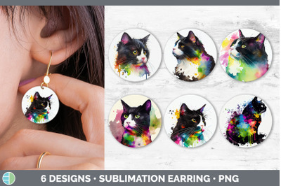 Rainbow Tuxedo Cat Round Earring | Sublimation Designs Bundle