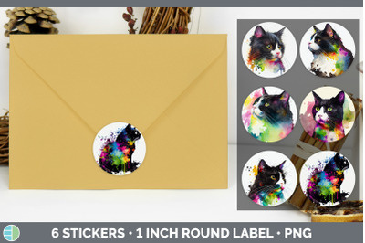 Rainbow Tuxedo Cat Stickers | Sticker 1in Round Labels PNG Designs