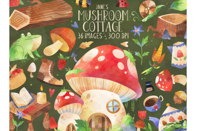 Watercolor Mushroom Cottage Clipart