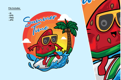 Watermelon Surfing Summer Illustration