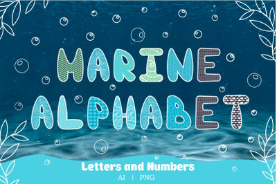 Cartoon cute marine alphabet and numbers