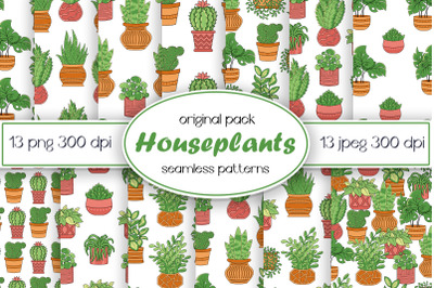 13 seamless patterns with hoyseplants. Backgrounds with potted plant