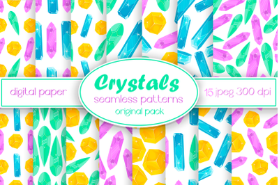 Digital paper magic crystals, gems seamless pattern