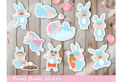 Collection of 11 funny printable rabbits in cartoon style