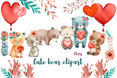 Cute Bear teddy Watercolor Clipart, mom and baby bear heart cubs