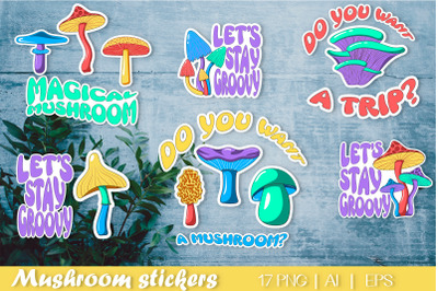 Stickers of psychedelic bright hippie mushrooms