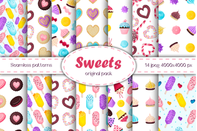 14 seamless patterns with sweets. Backgrounds with cupcakes