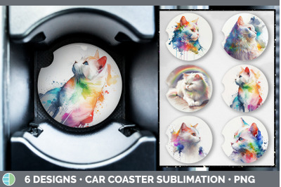 Rainbow White Cat Car Coaster | Sublimation Designs Bundle