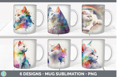 Rainbow White Cat Mug Sublimation | Coffee Cup Background PNG