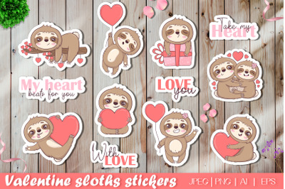 Cute Kawaii sloth in love with hearts | Valentine Stickers