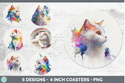 Rainbow White Cat Round Coaster | Sublimation Designs Bundle