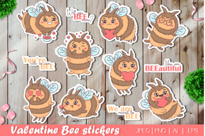 Cute Kawaii bees in love with hearts | Valentine Stickers