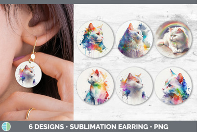 Rainbow White Cat Round Earring | Sublimation Designs Bundle