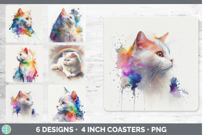 Rainbow White Cat Square Coaster | Sublimation Designs Bundle