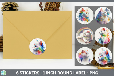 Rainbow White Cat Stickers | Sticker 1in Round Labels PNG Designs