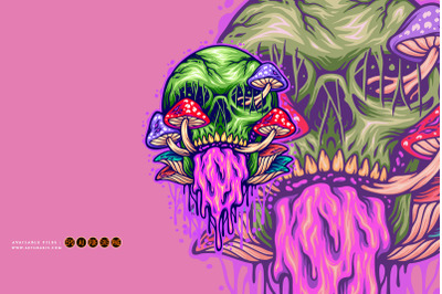 Psychedelic mushrooms skull colorful Illustrations