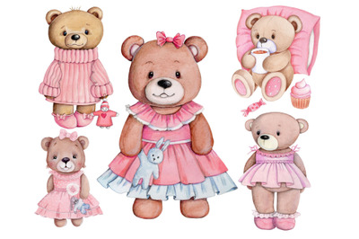 Set of cute teddy bears in pink. Watercolor illustrations