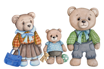 Fun teddy bears family.  Watercolor illustration for children.