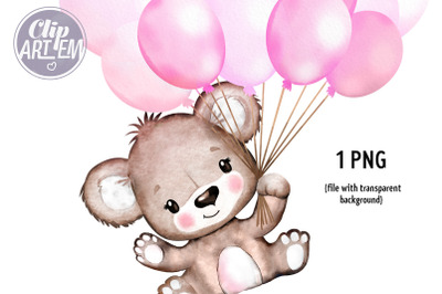 Cute Girl Bear with Balloons Pink Watercolor PNG Image Clip Art