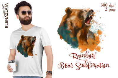 Rainbow Bear Sublimation, Grizly Bear PNG design