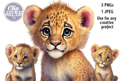 Baby Lion Clip Art Wall Art 4 Watercolor Images Bundle  3 PNG, 1 JPEG