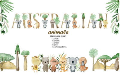 Watercolor australian animals clipart.