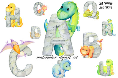 Cute Dinosaurs watercolor letters, Dino alphabet clipart, animals alph