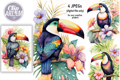 Toucans Watercolor Wall Art Tropical Flowers Images 4 JPEG