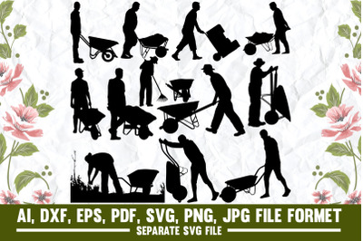 Wheelbarrow with man, wheelbarrow, man, worker, graphic, baker, boar,