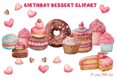 Watercolor dessert clipart, cupcakes and donuts png