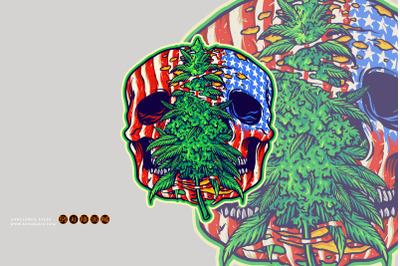 American skull head cannabis leaf plant Illustrations