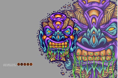 Scary hawaiian tiki bar mask monster illustrations