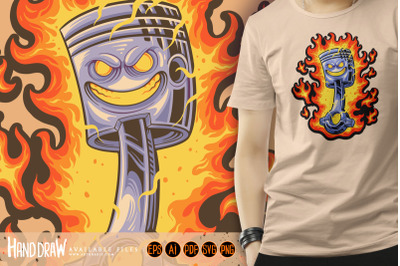 Scary flaming racing piston illustrations