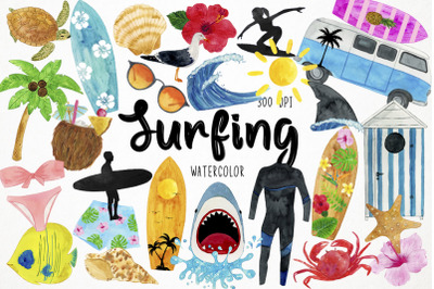 Watercolor Surfing Clipart, Surf Clipart, Beach Clipart, Summer Clipar