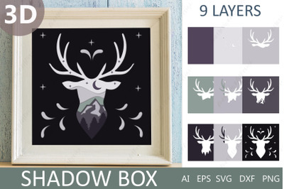Deer layered 3d papercut&2C; Deer shadow box&2C; 3d mountain